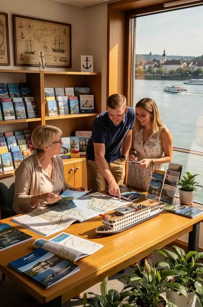 Beratungsgespräch in einem Reisebüro für Flusskreuzfahrten in Deutschland mit Kunden und Experten.