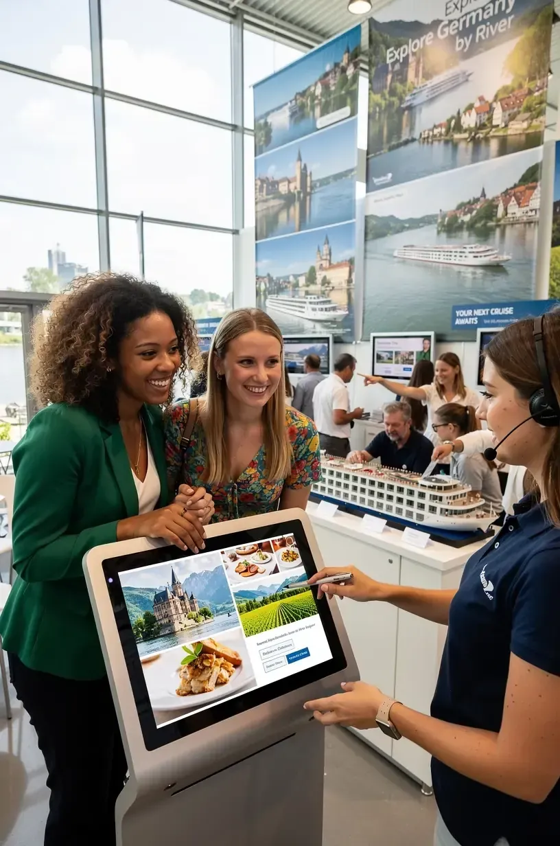 Experte zeigt Reiseunterlagen und individuelle Reisepakete für eine Flusskreuzfahrt in Deutschland.